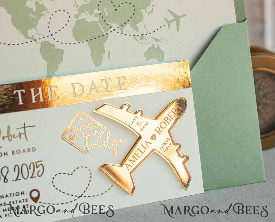 Sage green golden airplane magnet Save The Date Cards boardingpass travel airplane save the dates destination wedding magnets