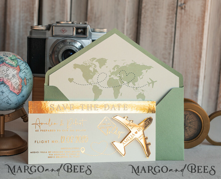 Sage green golden airplane magnet Save The Date Cards boardingpass travel airplane save the dates destination wedding magnets