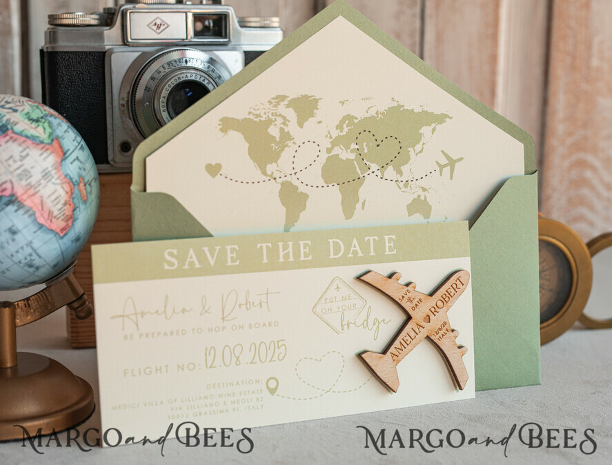 Sage green Wooden airplane magnet Save The Date Cards boardingpass travel airplane save the dates destination wedding magnets