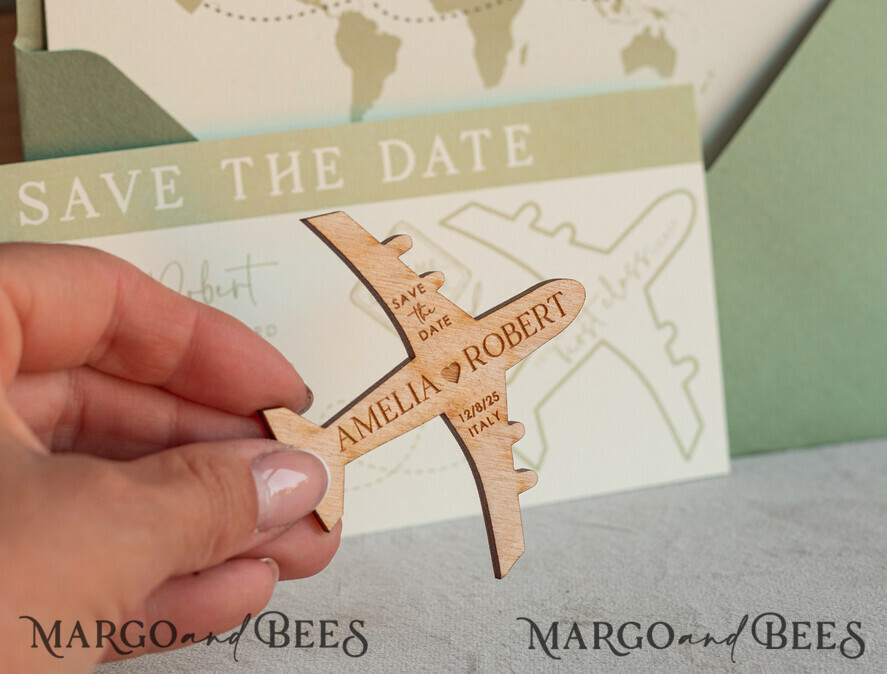 Sage green Wooden airplane magnet Save The Date Cards boardingpass travel airplane save the dates destination wedding magnets