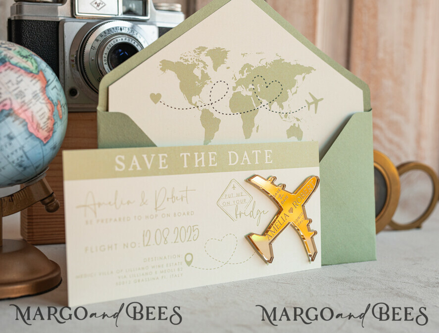 Sage green golden airplane magnet Save The Date Cards boardingpass travel airplane save the dates destination wedding magnets