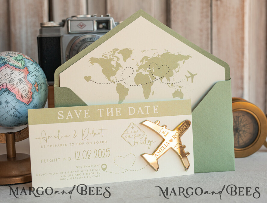 Sage green golden airplane magnet Save The Date Cards boardingpass travel airplane save the dates destination wedding magnets