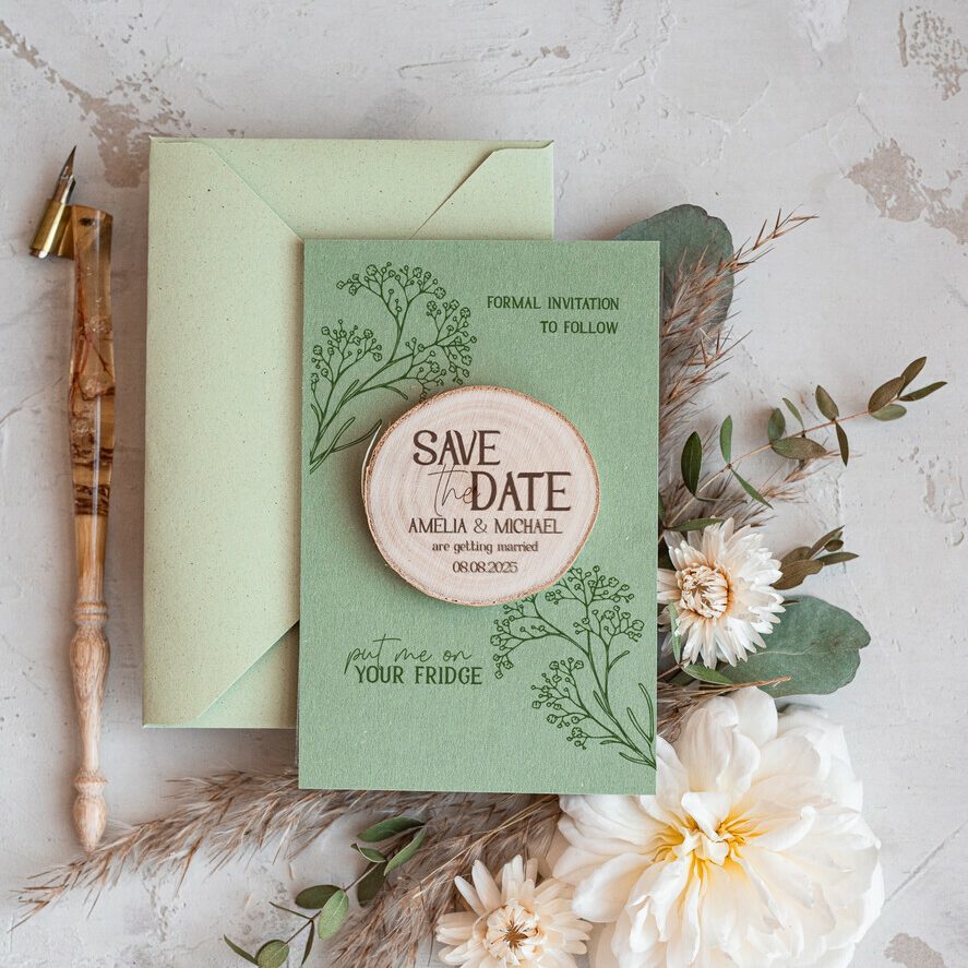 Sage Green Rustic Save The Date Magnet & Card Modern Craft Save Our Date Wood Magnets Boho save dates Cards wooden slice Magnets folaral card