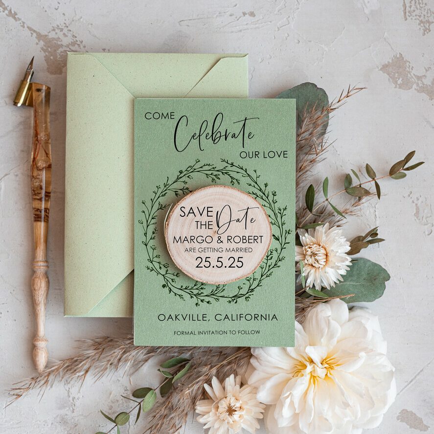 Sage Green Rustic Save The Date Magnet & Card Modern Craft Save Our Date Wood Magnets Boho save dates Cards wooden slice Magnets folaral card