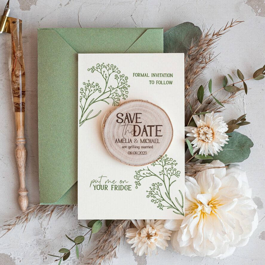 Sage Green Save the Date Cards with Wooden Magnet: Rustic Boho Design