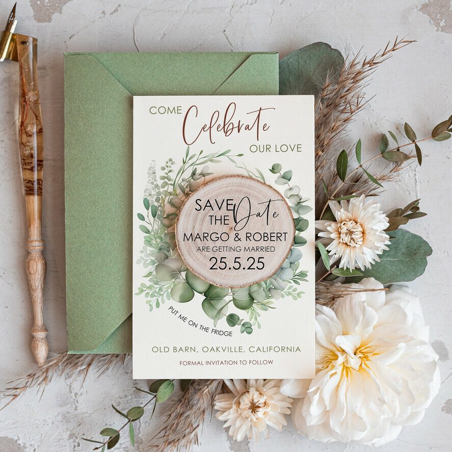 Sage Green Rustic Save The Date Magnet & Card Modern Craft Save Our Date Wood Magnets Boho save dates Cards wooden slice Magnets folaral card