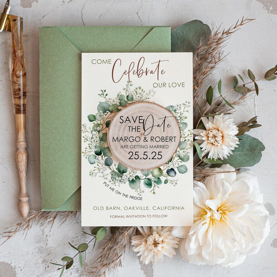 Sage Green Rustic Save The Date Magnet & Card Modern Craft Save Our Date Wood Magnets Boho save dates Cards wooden slice Magnets folaral card