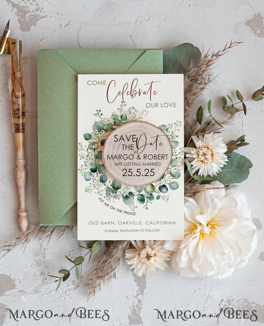 Sage Green Floral Wreath Wooden Magnets: Rustic Boho Save the Date Cards