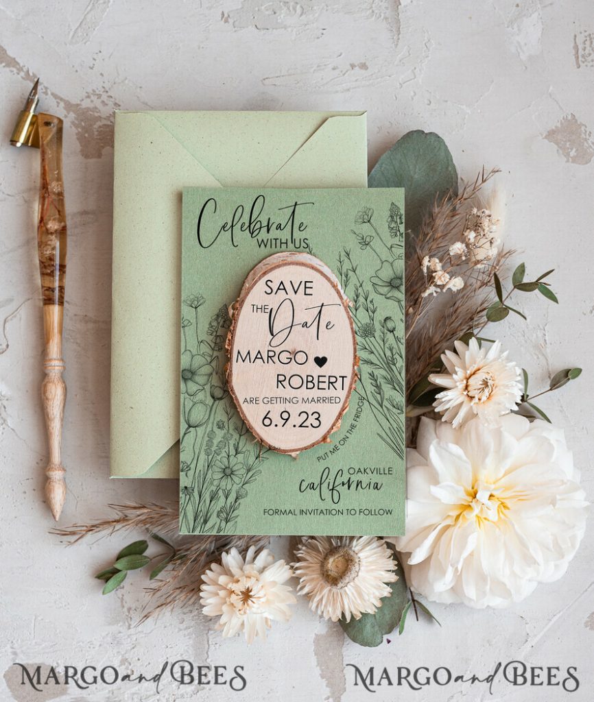 Sage Green Wedding Save The Date Card and wooden slice Magnet, craft Save Our Date wood slice Magnets, Boho save our dates Cards wooden Magnets Cards, boho wedding save the date cards and slice magnets