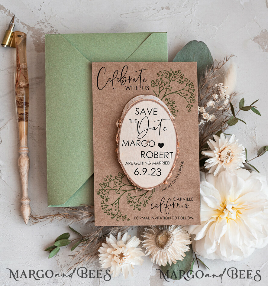 Sage Green Boho Wedding Save the Date Cards with Wooden Slice Magnets: A Rustic and Elegant Keepsake