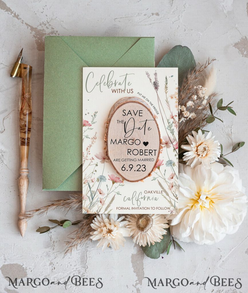 wild flowers Wedding Save The Date Card and wooden slice Magnet, craft Save Our Date wood slice Magnets, Boho save our dates Cards wooden Magnets Cards, boho wedding save the date cards and slice magnets