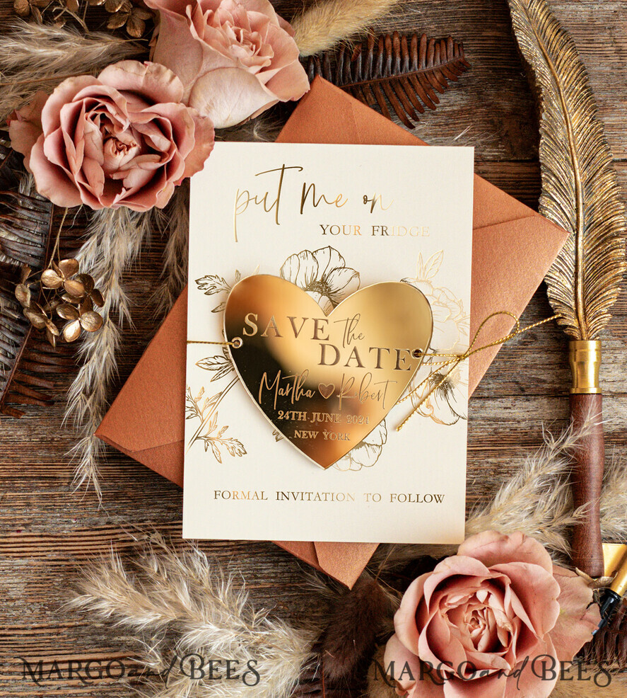 Personalised Save the Date Heart Magnet and Card, Gold Terracotta Elegant Wedding Save The Dates Acrylic Heart, Velvet Save The Date Cards
