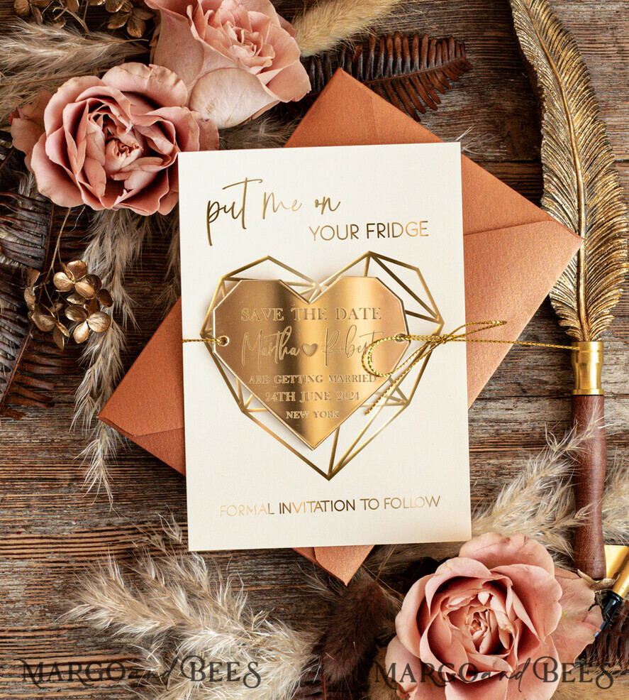 Personalised Save the Date Heart Acrylic Magnet and Card, Gold Terracotta Elegant Wedding Save The Dates Acrylic Magnets, boho Save The Date Cards
