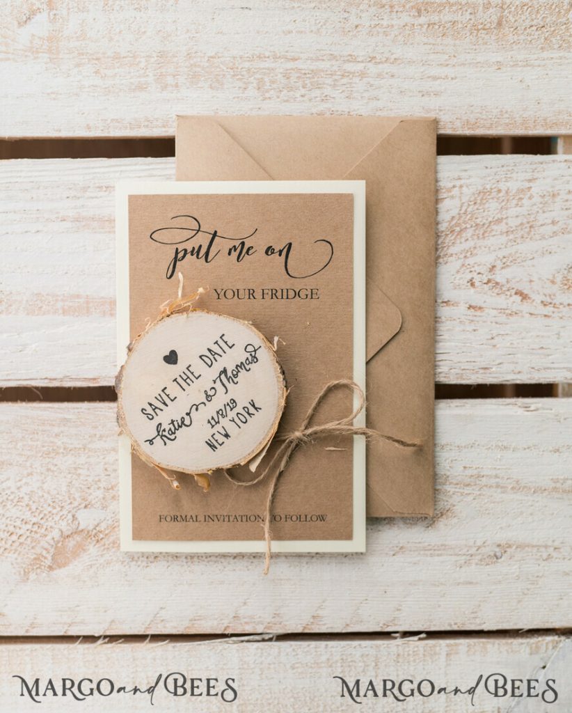 Save the Date Craft Card with Wooden Slice Fridge Magnet perfect for Rustic Wedding