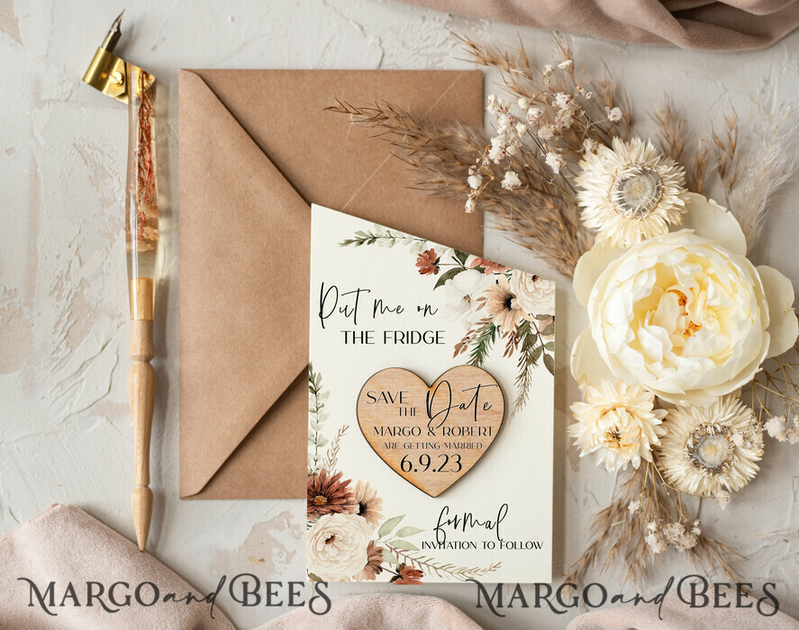 Rustic Boho Save the Dates with Wooden Magnet: Ivory Floral Heart Design