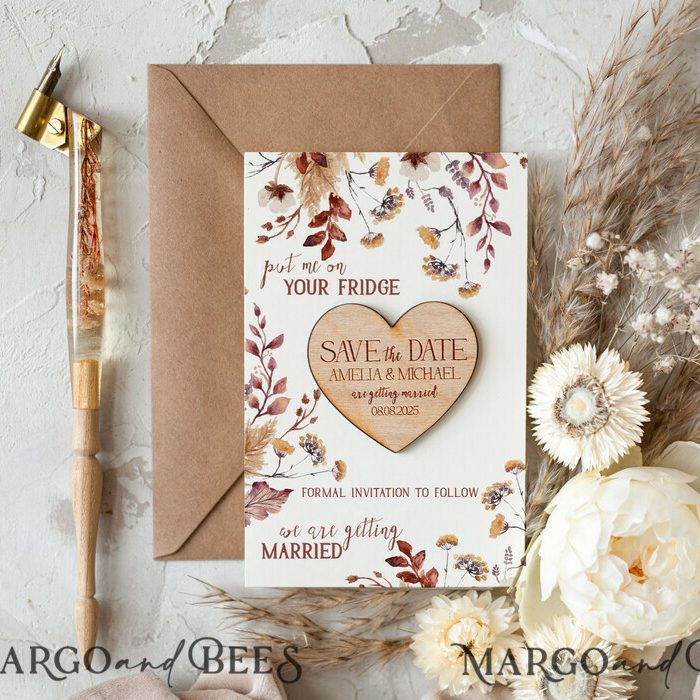 Ivory Floral Heart-Shaped Wooden Magnets: Rustic Boho Save the Date Cards