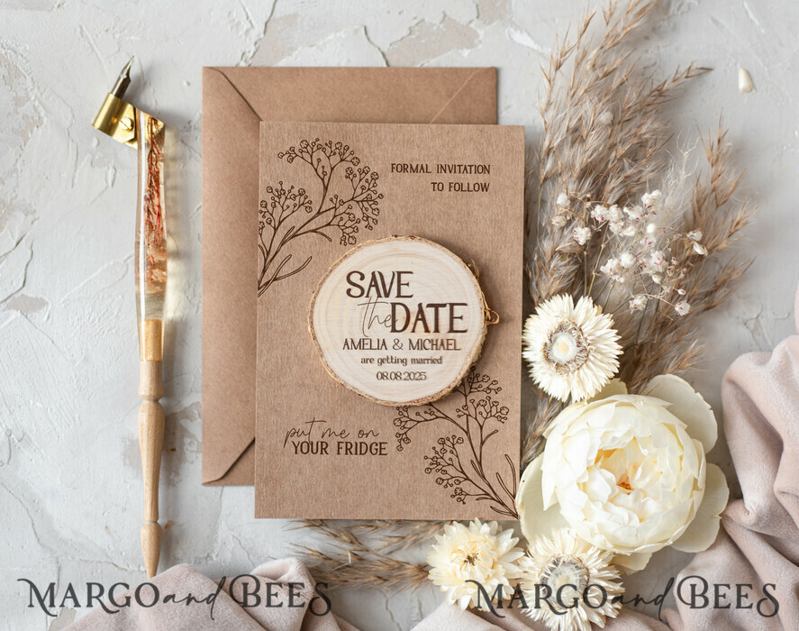 Rustic Boho Eco Save the Dates with Wooden Magnet: Modern Craft for Your Special Day