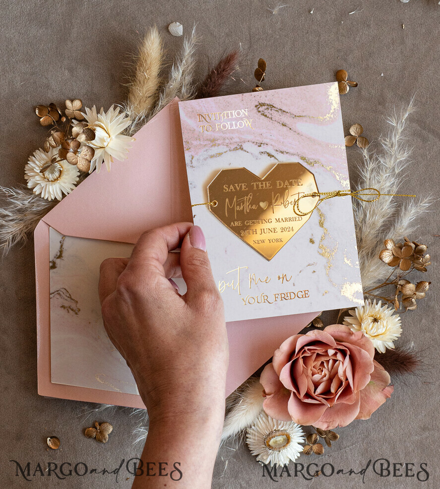 Personalised Gold Acrylic Heart Save the Date Magnet & Blush Pink Wedding Cards