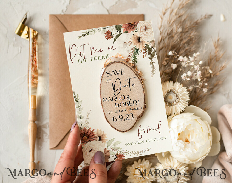 Boho Wedding Save the Date Cards with Wooden Slice Magnets: A Rustic, Craft-Inspired Touch