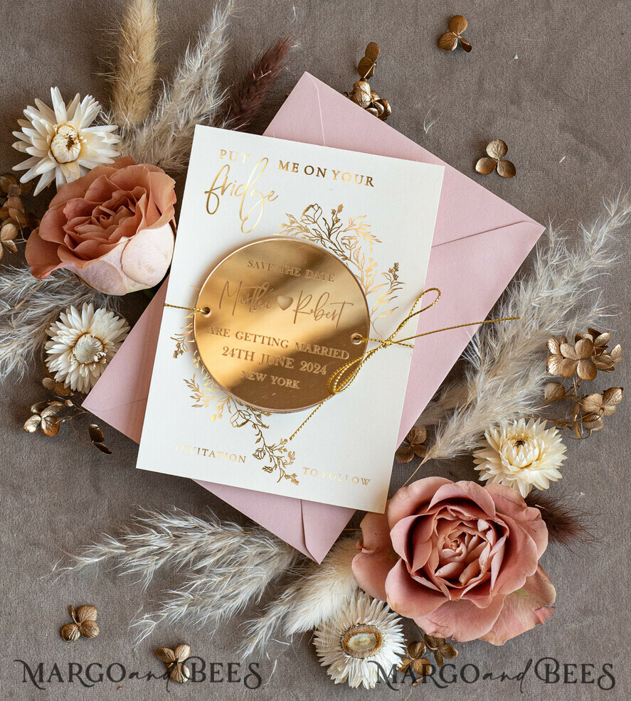 Personalised Gold Acrylic circle Save the Date Magnet and Card, blush Pink Wedding Save The Dates Plexi Magnets, Wedding Boho Save The Date Cards