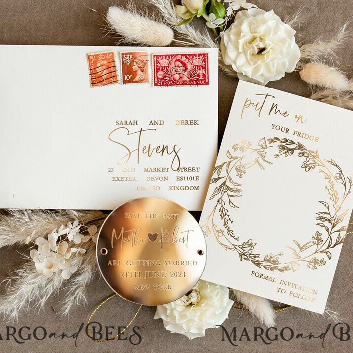 Personalised Gold Acrylic circle Save the Date Magnet and Card, ivory Wedding Save The Dates Plexi Magnets, Wedding Boho Save The Date Cards