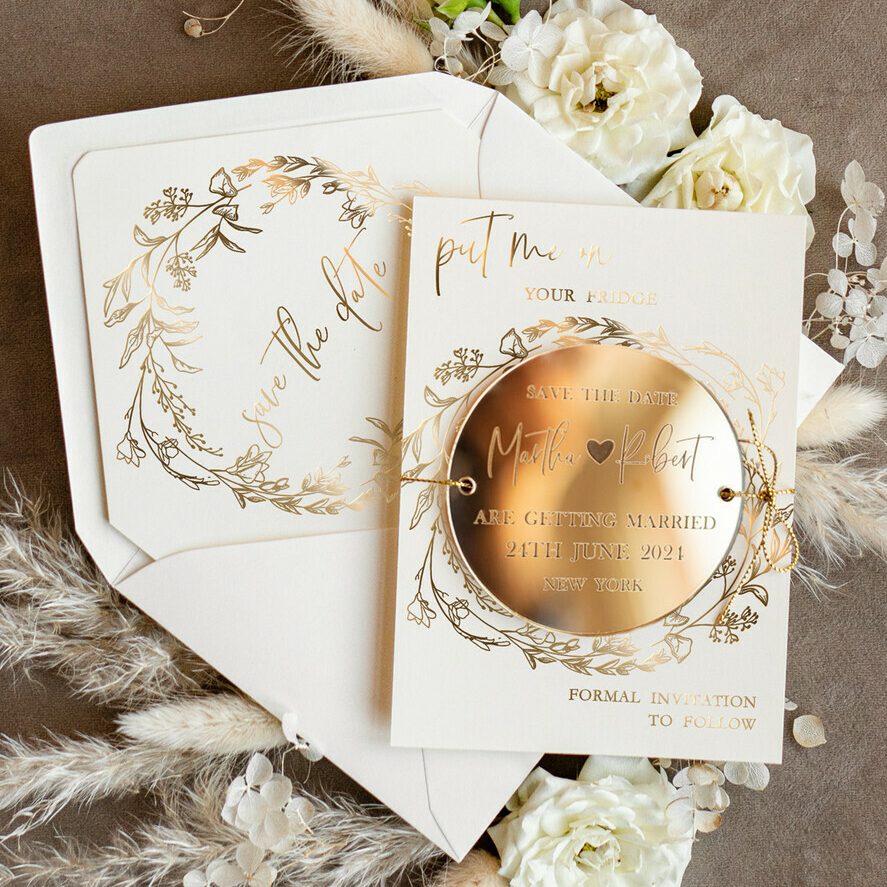 Personalised Gold Acrylic circle Save the Date Magnet and Card, ivory Wedding Save The Dates Plexi Magnets, Wedding Boho Save The Date Cards