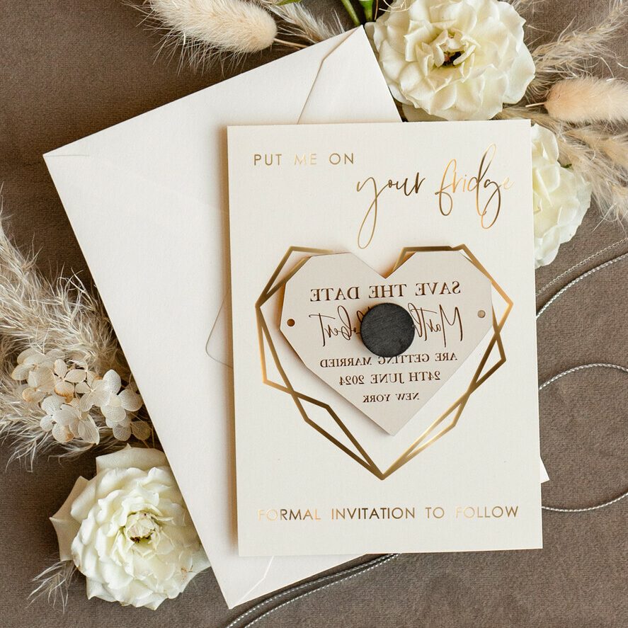 Personalised Gold Acrylic heart Save the Date Magnet and Card, ivory Wedding Save The Dates Plexi Magnets, Wedding Boho Save The Date Cards