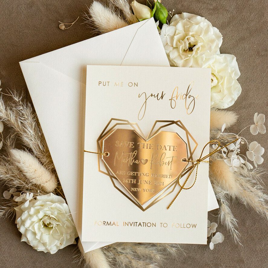 Personalised Gold Acrylic heart Save the Date Magnet and Card, ivory Wedding Save The Dates Plexi Magnets, Wedding Boho Save The Date Cards