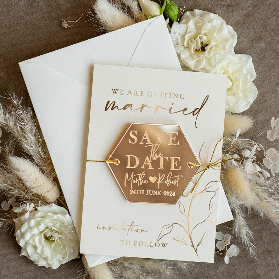 Personalised Gold Acrylic hexagon Save the Date Magnet and Card, ivory Wedding Save The Dates Plexi Magnets, Wedding Boho Save The Date Cards