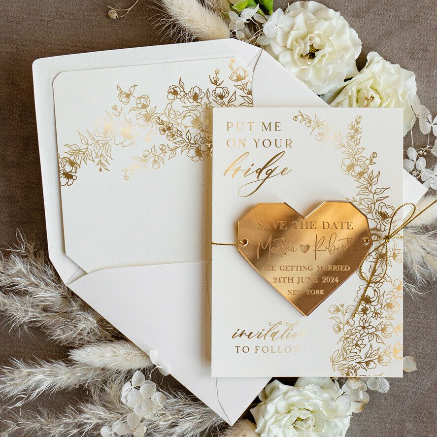 Personalised Gold Acrylic heart Save the Date Magnet and Card, ivory Wedding Save The Dates Plexi Magnets, Wedding Boho Save The Date Cards