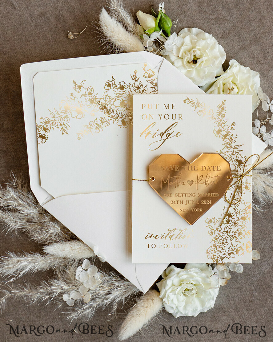 Personalised Gold Acrylic Heart Save the Date Magnet & Ivory Wedding Cards