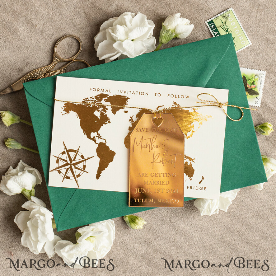 Luxury Travel-Inspired Save the Date: Personalised Gold Acrylic Tag Magnets