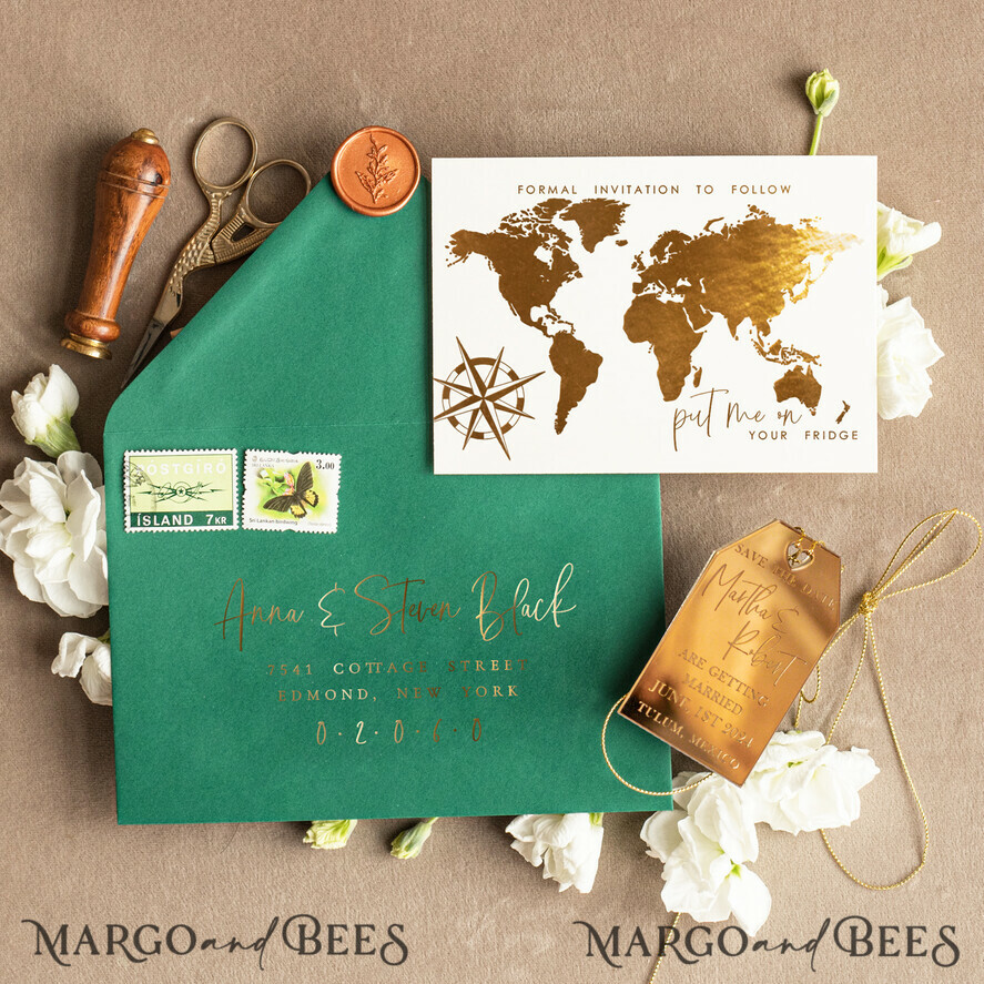 Personalised Travel Save the Date Acrylic gold Tag Magnet and Card, Gold dark green Luggage Tag Wedding Save The Dates Acrylic Magnets, Save The Date Cards
