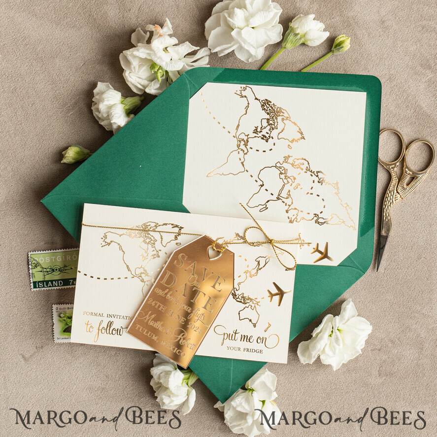 Luxury Travel Save the Date Acrylic gold Tag Magnet and Card, Gold dark green Luggage Tag Wedding Save The Dates Acrylic Magnets, Save The Date Cards
