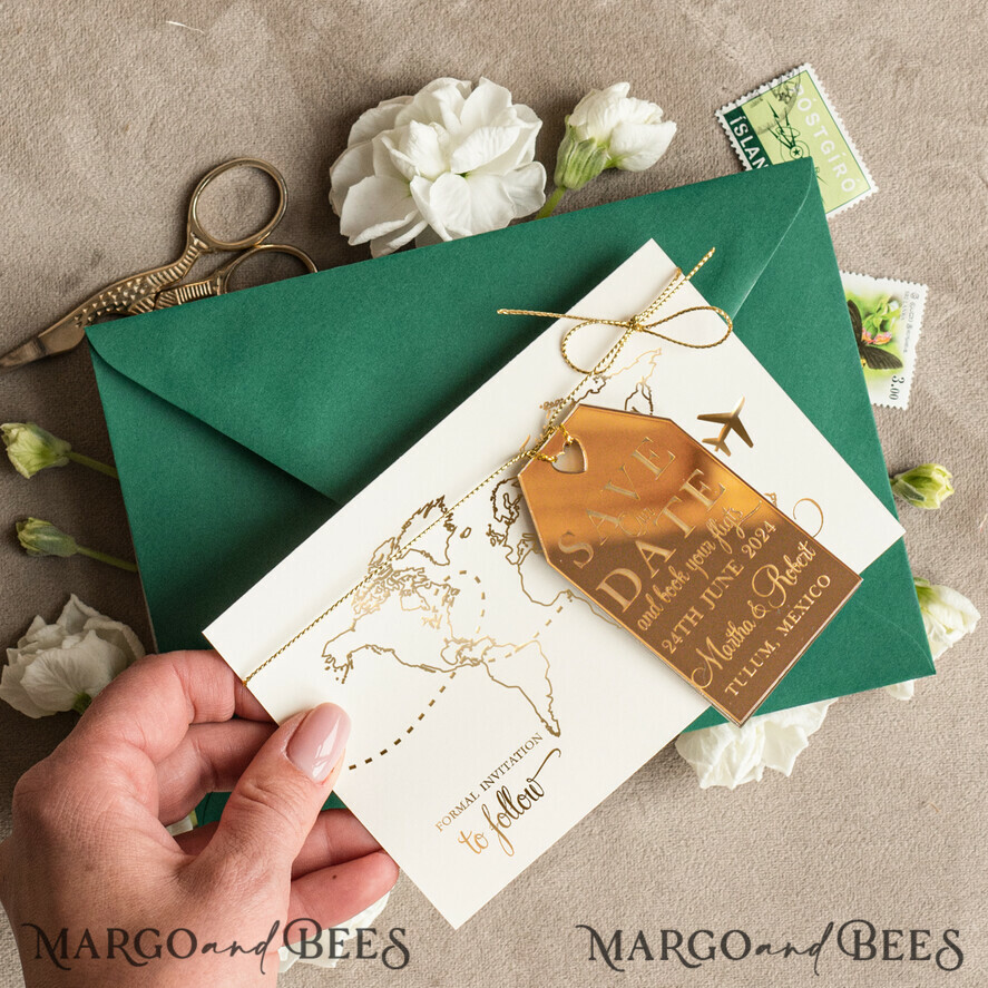 Luxury Travel Save the Date Acrylic gold Tag Magnet and Card, Gold dark green Luggage Tag Wedding Save The Dates Acrylic Magnets, Save The Date Cards
