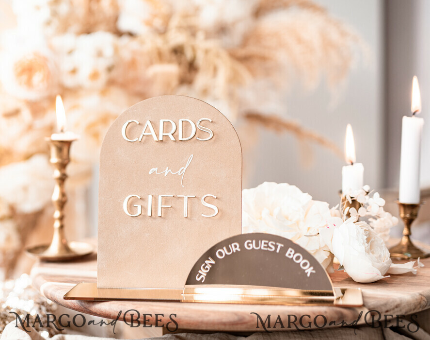 Golden Acrylic gifts & cards signs with stand, Beige Velvet and gold guestbook Sign, Golden Plexi gifts & cards signs, Luxury Wedding guestbook Decor Centerpieces
