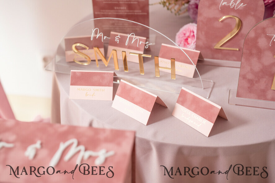 Arch Table Number, Luxury Blush Pink Velvet Arched Table numbers with acrylic stand, blush pink and Gold Wedding Table Decor, 3D Golden Letters, Wedding signage
