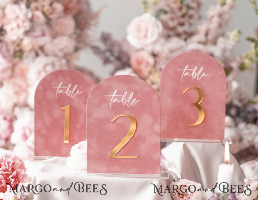 Arch Table Number, Luxury Blush Pink Velvet Arched Table numbers with acrylic stand, blush pink and Gold Wedding Table Decor, 3D Golden Letters, Wedding signage
