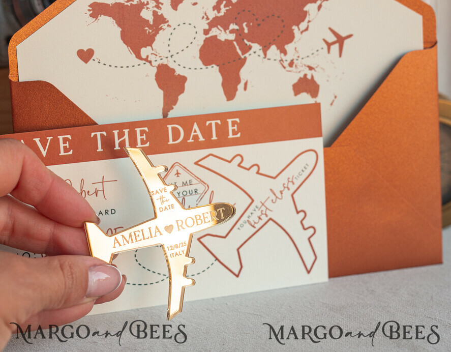 Terracotta golden airplane magnet Save The Date Cards boardingpass travel airplane save the dates destination wedding magnets