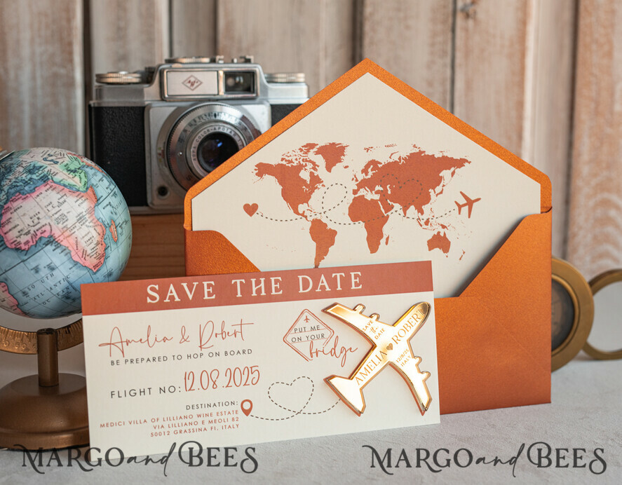 Terracotta golden airplane magnet Save The Date Cards boardingpass travel airplane save the dates destination wedding magnets