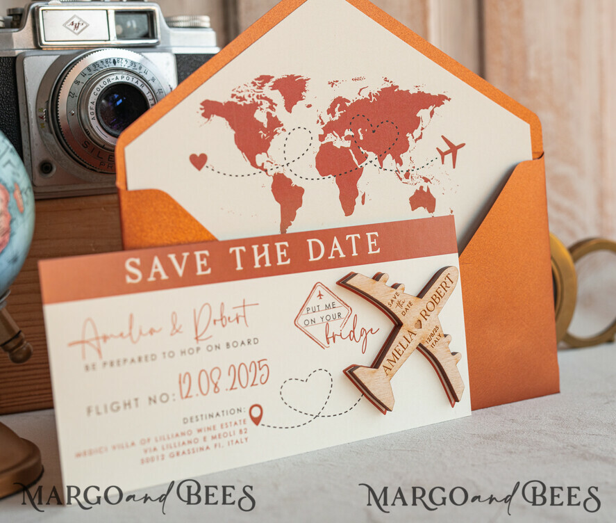 Terracotta Wooden airplane magnet Save The Date Cards boardingpass travel airplane save the dates destination wedding magnets