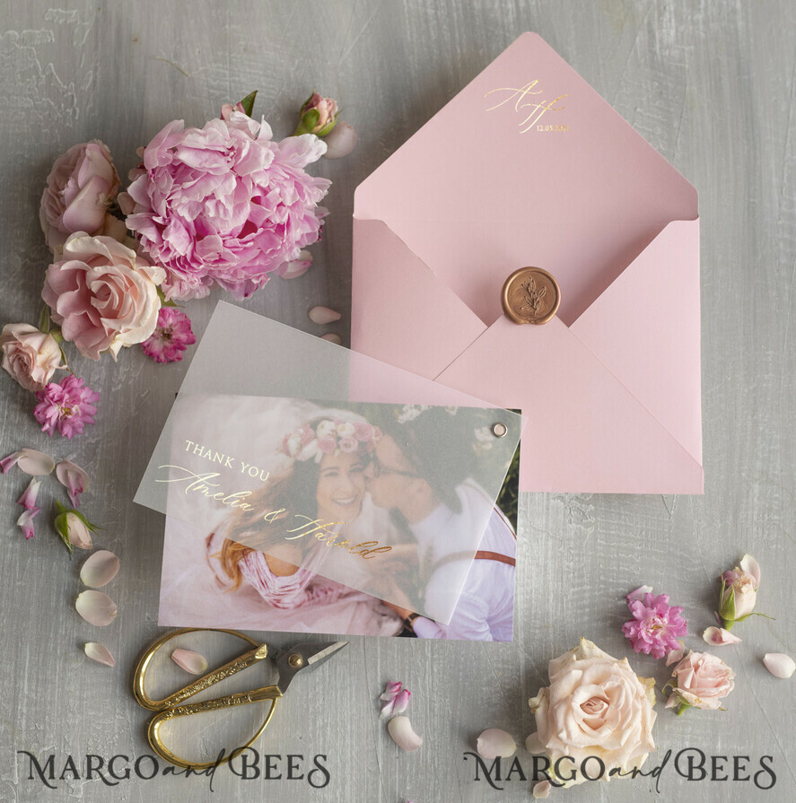 Wedding custom thank you note card with photo pink gold