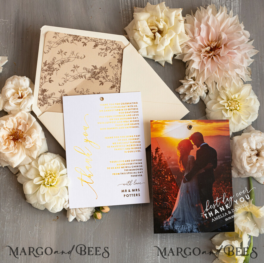 Stylish Wedding Thank You Cards: Plexi, Blush Pink, and Gold Accents