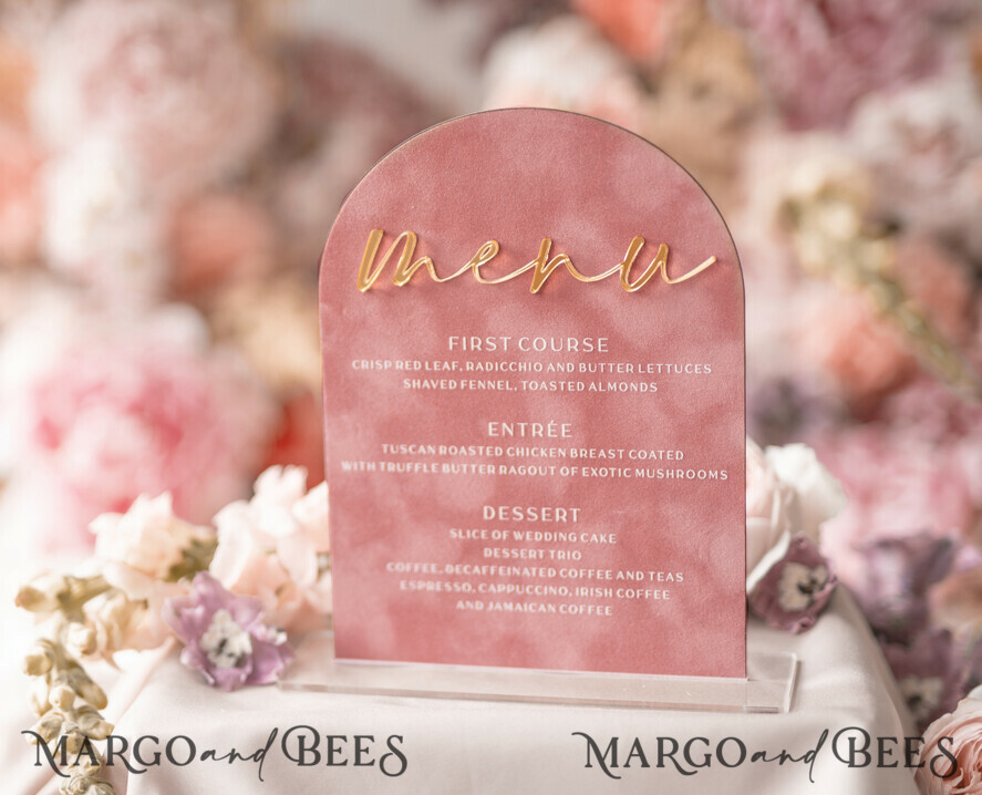 Luxury Velvet Arch Menu with stand, blush pink and Gold Mirror Wedding Table Decor, Menu 3D Golden Letters and White Lettering, Pink menu with base, personalized wedding detail, glamour party decor
