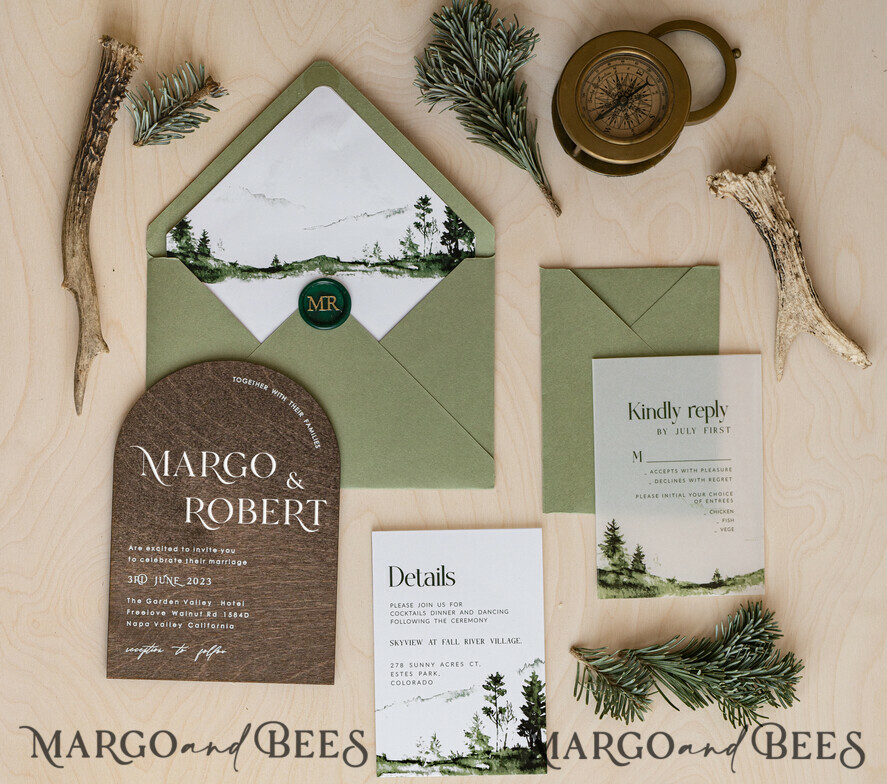 Forest Wood Wedding Invitation Suite, Modern Rustic Wedding Invites, Natural Wooden Invitations Suite Wedding Cards, Green Wedding Invitations, Misty Forest Frosted wedding Invitation suite, Pine trees Wedding Invite