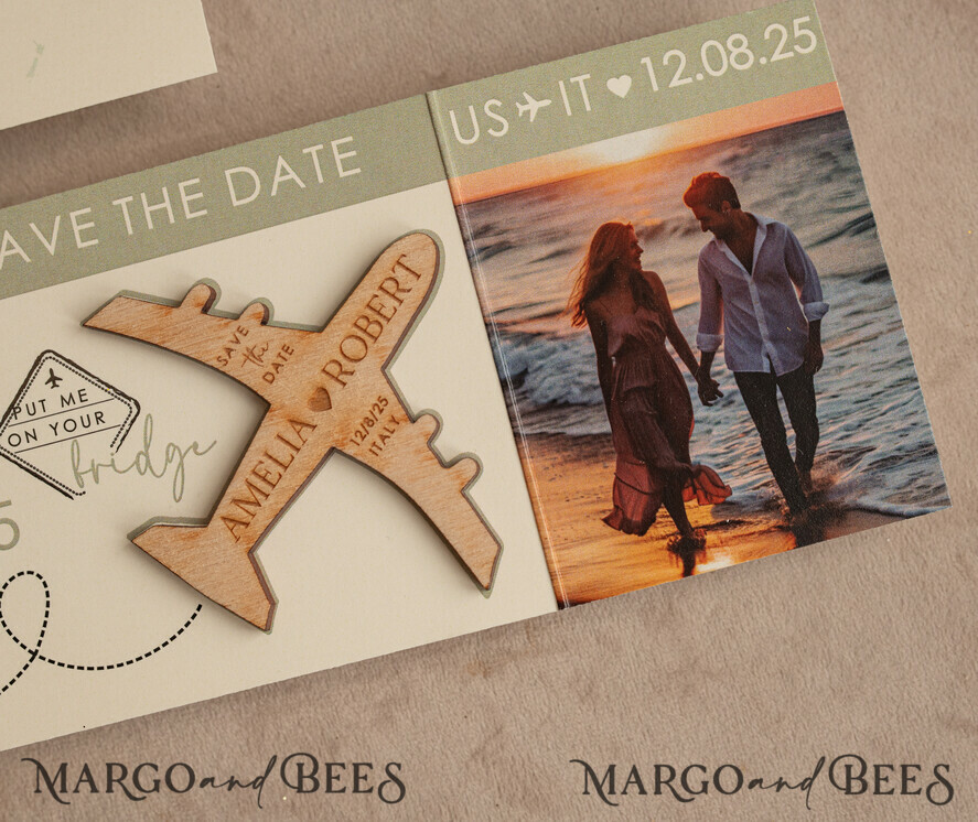 Sage green Wooden airplane magnet Save The Date Cards with photo boardingpass travel airplane save the dates destination wedding magnets
