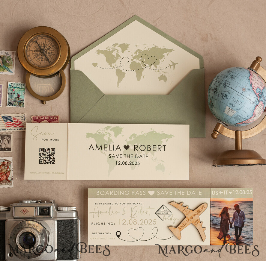 Sage green Wooden airplane magnet Save The Date Cards with photo boardingpass travel airplane save the dates destination wedding magnets
