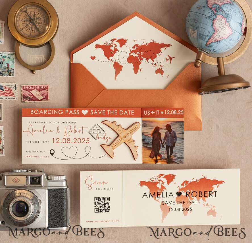 Terracotta Wooden airplane magnet Save The Date Cards with photo boardingpass travel airplane save the dates destination wedding magnets
