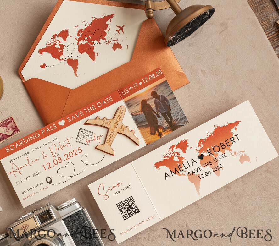 Terracotta Wooden airplane magnet Save The Date Cards with photo boardingpass travel airplane save the dates destination wedding magnets
