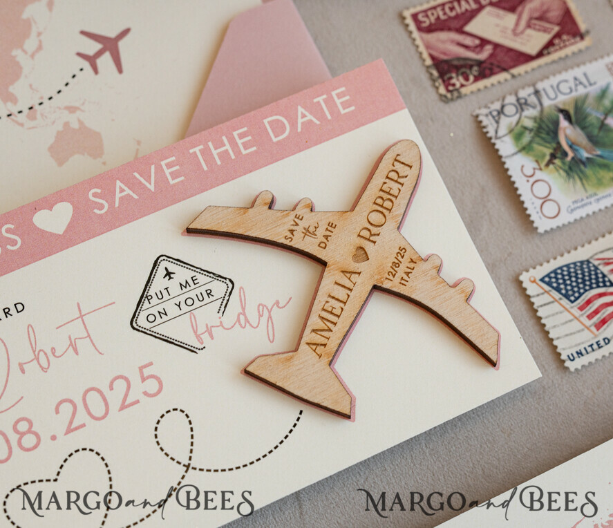 Blush Pink Wooden airplane magnet Save The Date Cards boardingpass travel airplane save the dates destination wedding magnets